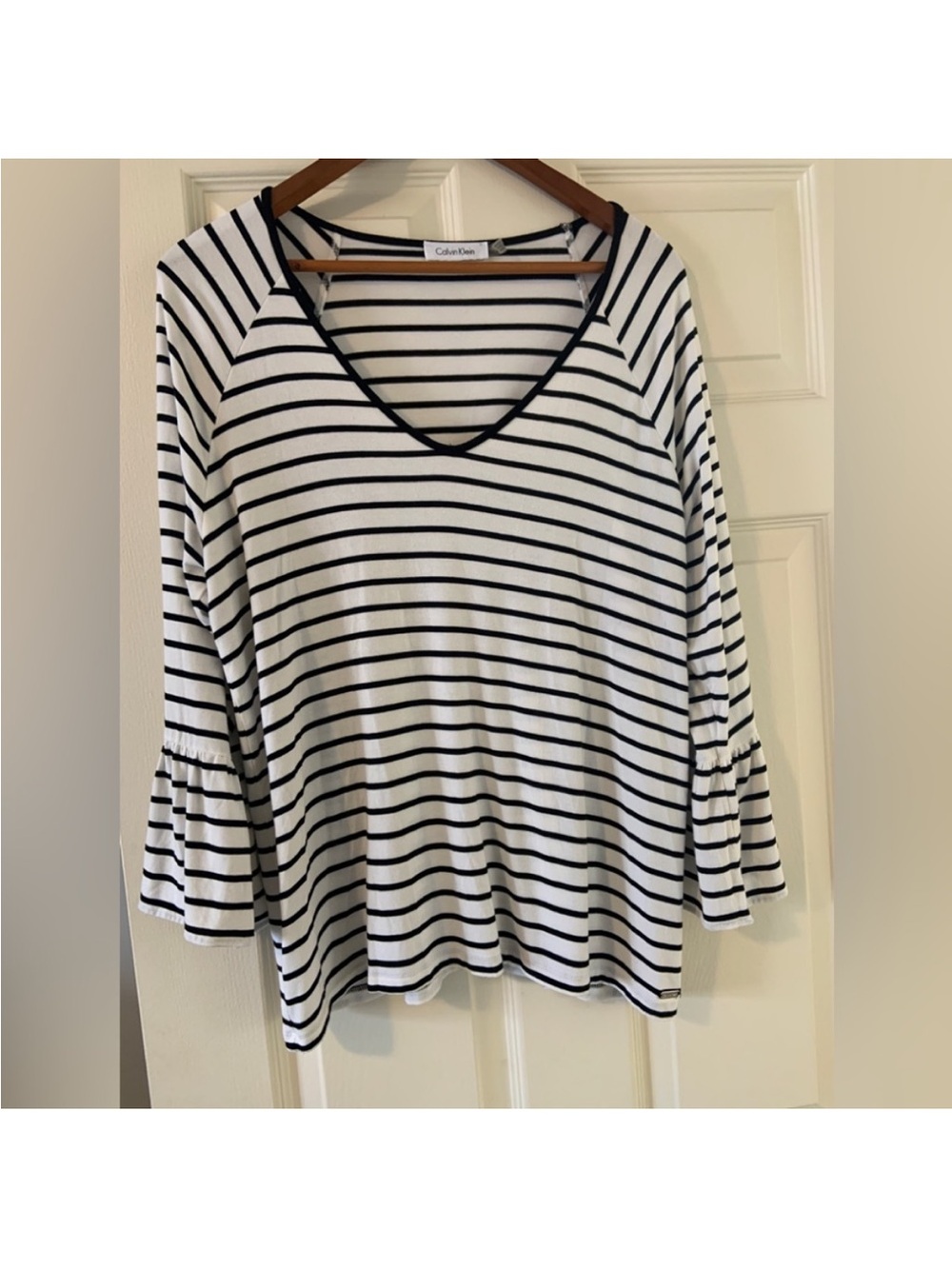 Calvin Klein French inspired White and dark blue Striped V-Neck Bell Sleeve Top